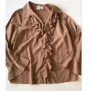 Roman’s Women’s Tan Ruffle Button Down Long Bell Sleeve Top Size 16W